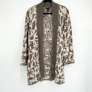 Nic & Zoe Brown Patterned Wool Blend Open Front Cardigan Sweater Size Large L
